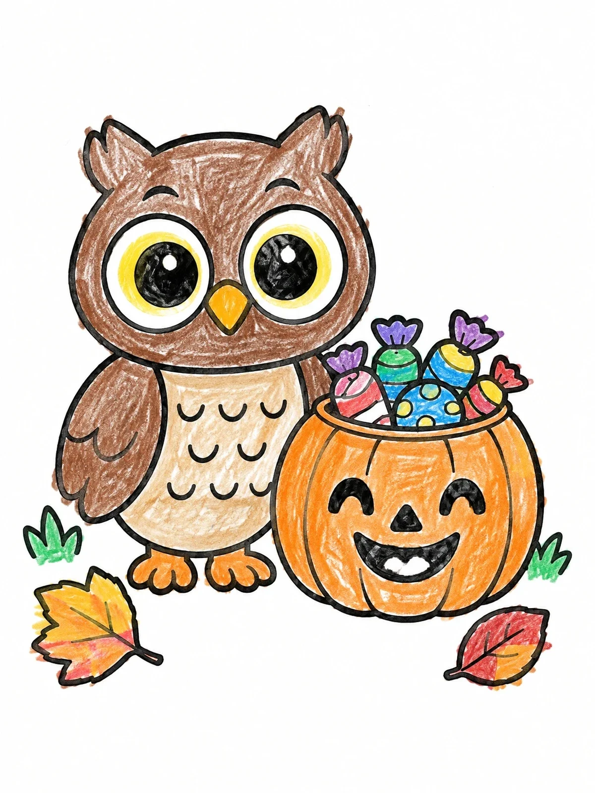 Colored example of the Cute Owl With Halloween Pumpkin Candy coloring page