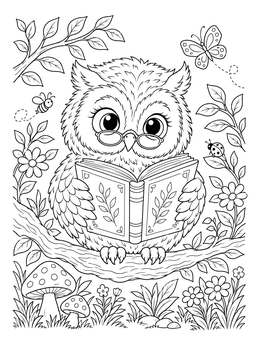 A sweet owl coloring page with round glasses reading a book while perched on a branch.