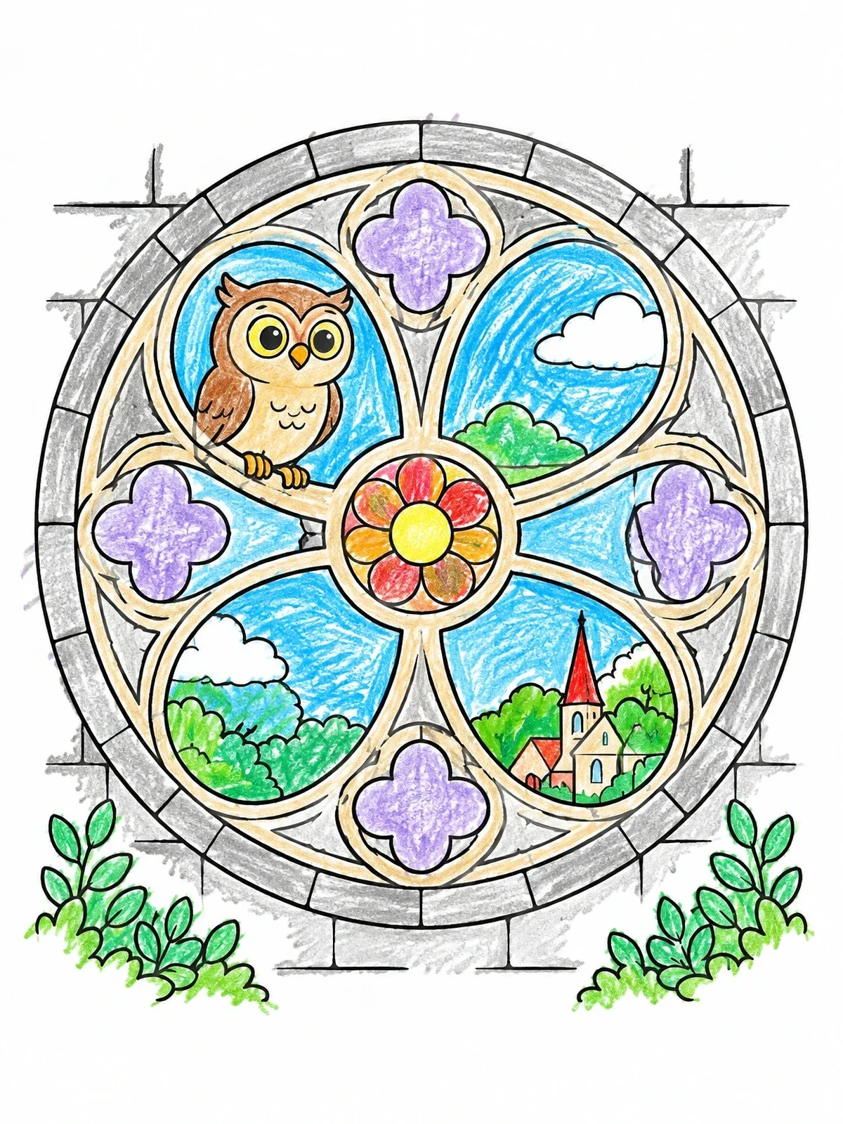 Colored example of the Cute Owl In Rose Window coloring page