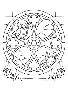 Free printable Cute Owl In Rose Window coloring page