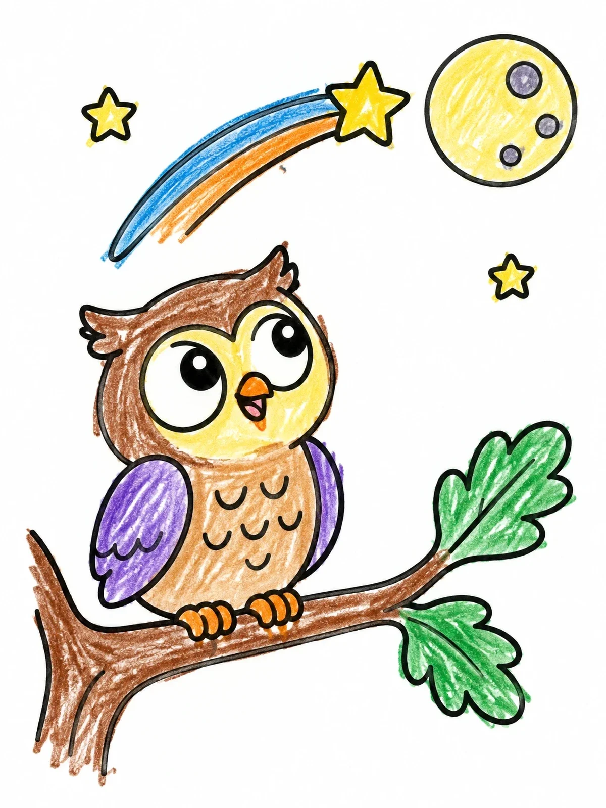 Colored example of the Cute Owl Watching A Shooting Star coloring page