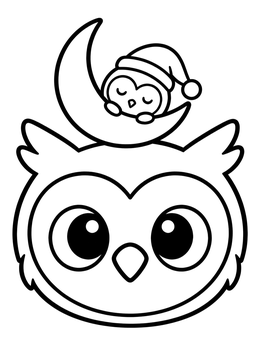 A sweet owl coloring page with a tiny sleeping owlet on a crescent moon.