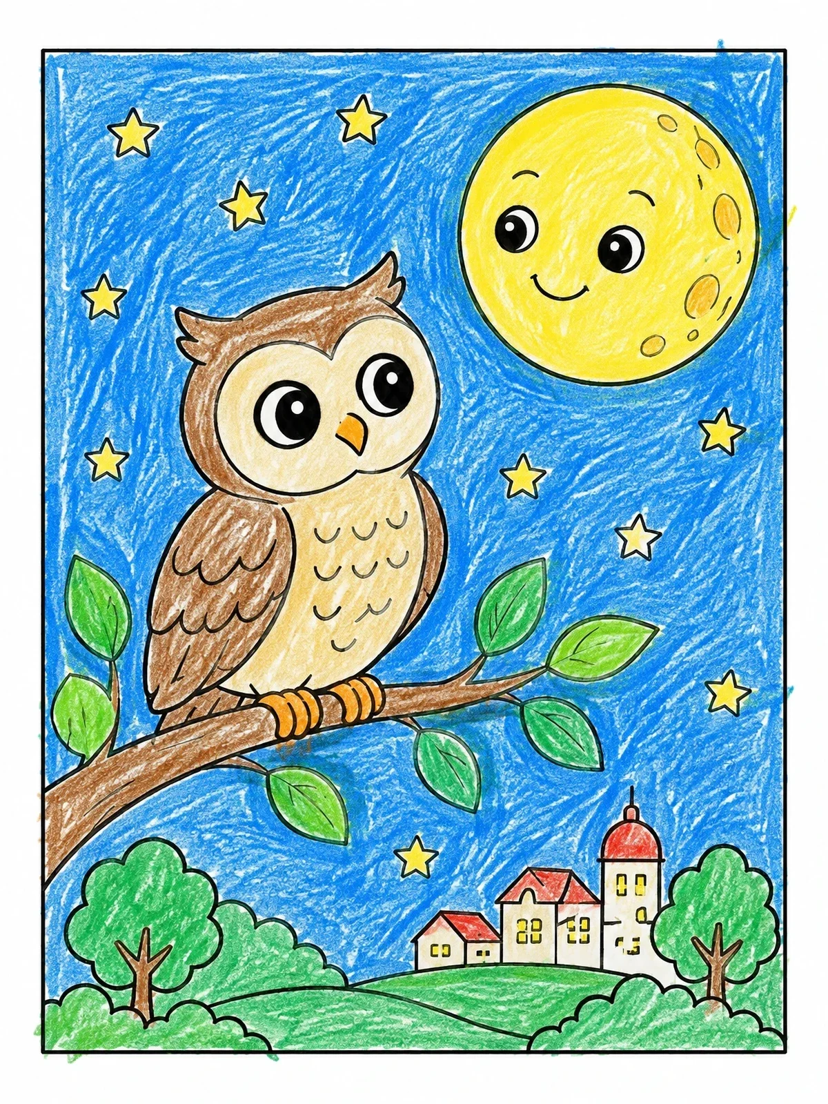 Colored example of the Cute Owl Under The Smiling Moon coloring page