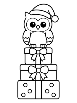 Free printable Cute Owl On Stacked Christmas Gifts coloring page