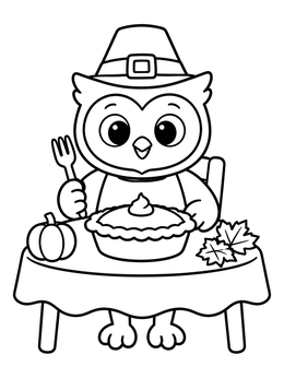 A cute owl coloring page sitting at a Thanksgiving table with a whole pumpkin pie.
