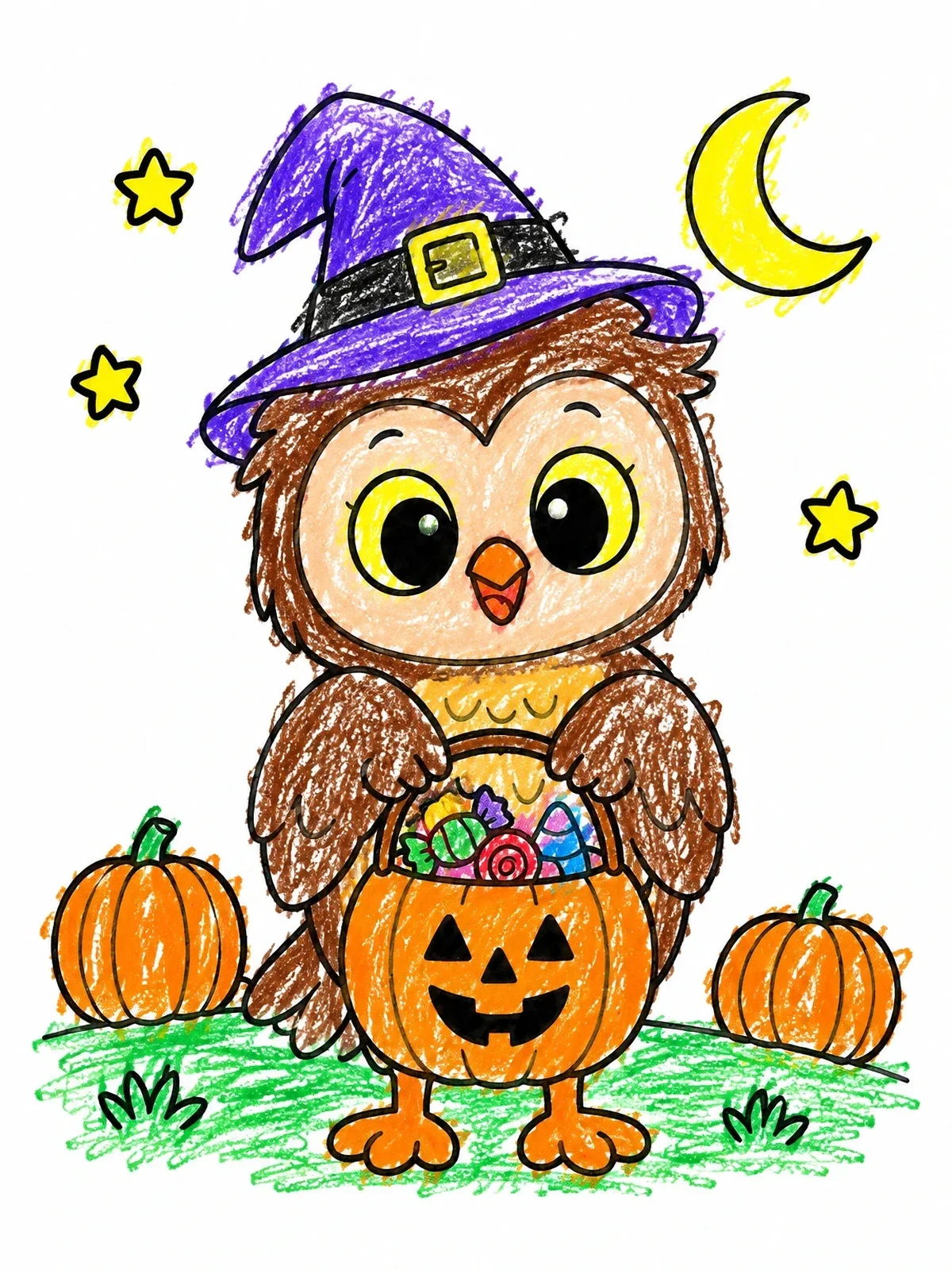 Colored example of the Cute Owl With Halloween Candy Basket coloring page