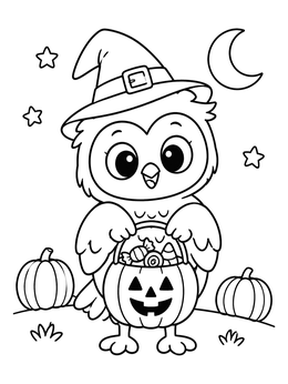 Free printable Cute Owl With Halloween Candy Basket coloring page
