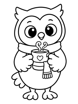 A cute owl coloring page holding a steaming mug while wearing a cozy scarf.