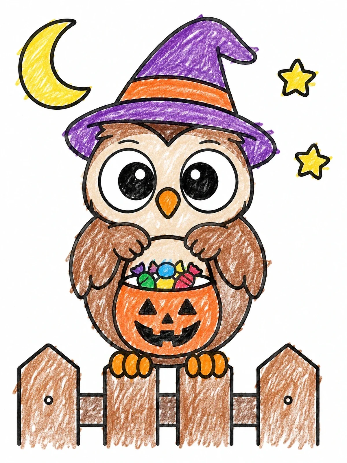 Colored example of the Cute Owl With Halloween Bucket coloring page