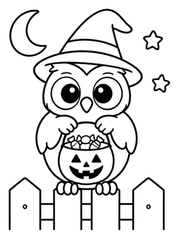 Free printable Cute Owl With Halloween Bucket coloring page