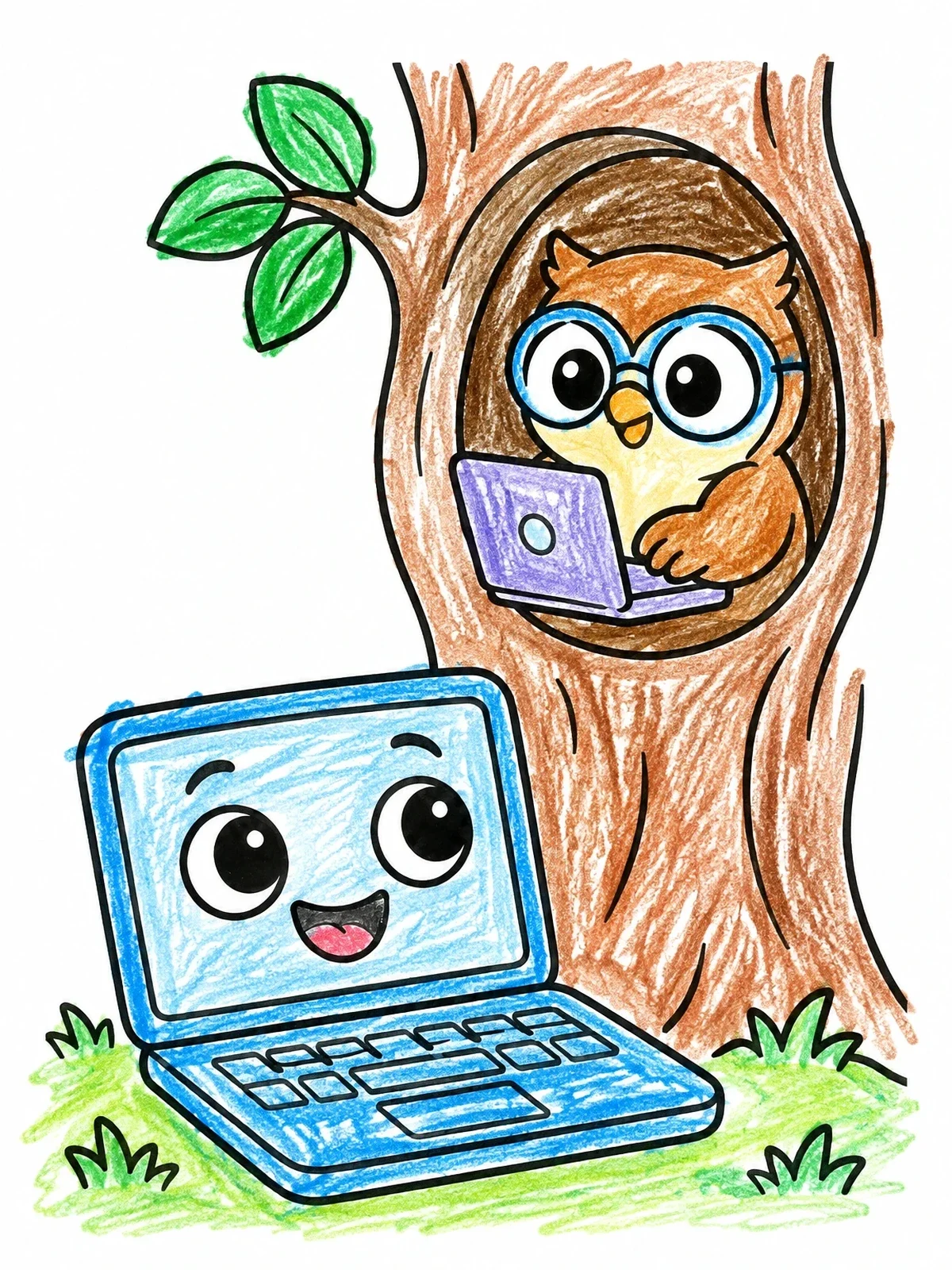 Colored example of the Cute Owl With Laptop In Tree coloring page