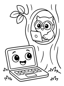Free printable Cute Owl With Laptop In Tree coloring page