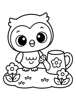 A cheerful baby owl stands by a watering can in this owl coloring page.