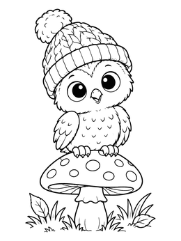An adorable baby owl coloring page featuring a small owl in a beanie sitting on a mushroom.
