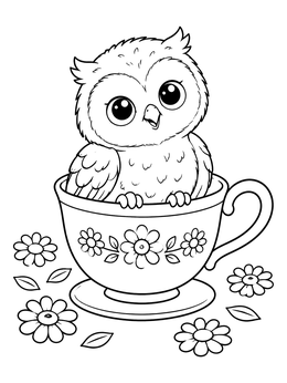 A fluffy baby owl sitting in a floral teacup surrounded by daisies on this owl coloring page.