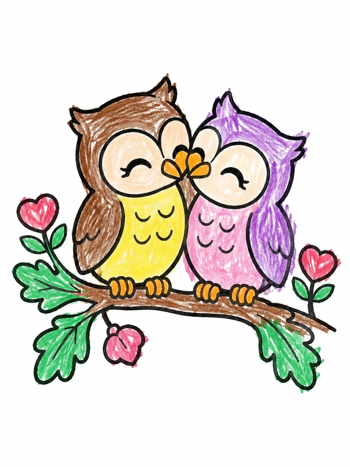 Colored example of the Cute Owls In Love On Branch coloring page