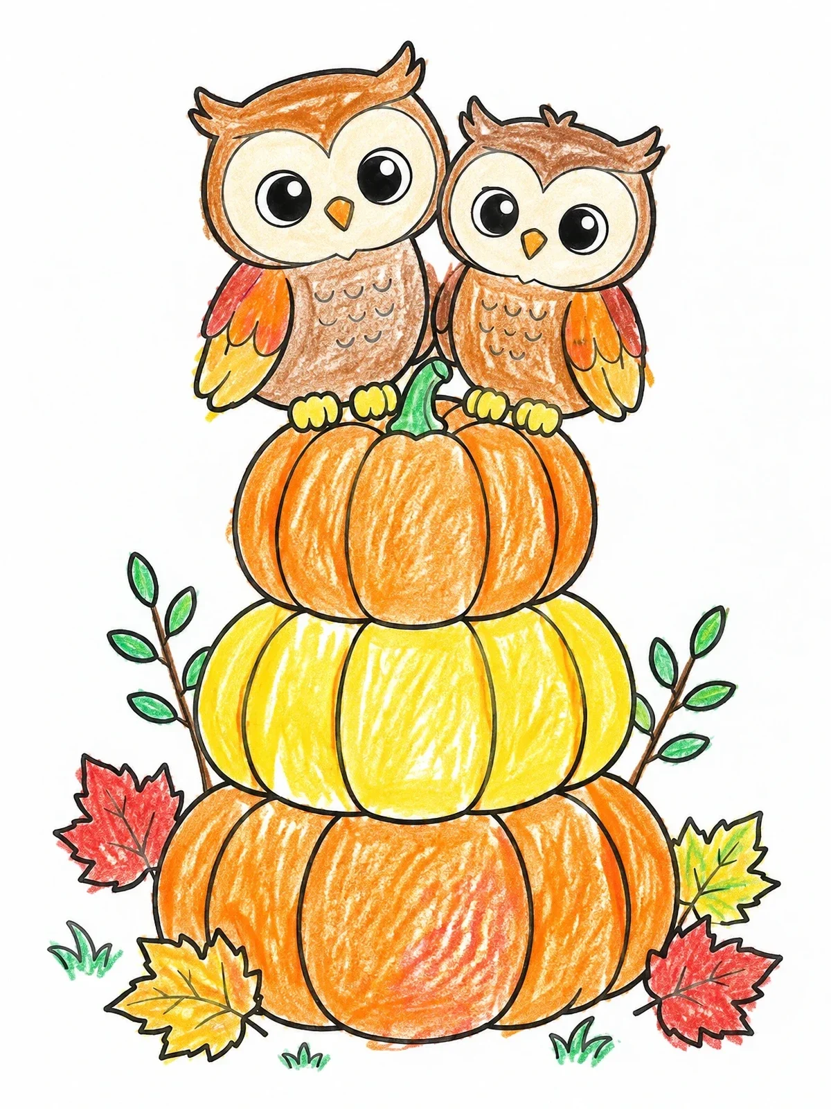Colored example of the Two Cute Owls On Stacked Pumpkins coloring page