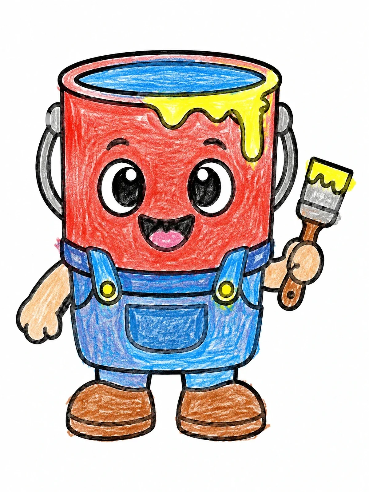 Colored example of the Cute Paint Can In Overalls coloring page