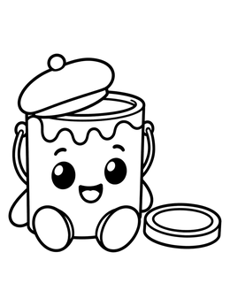 A happy paint can coloring page featuring a smiling bucket wearing a beret next to its lid.