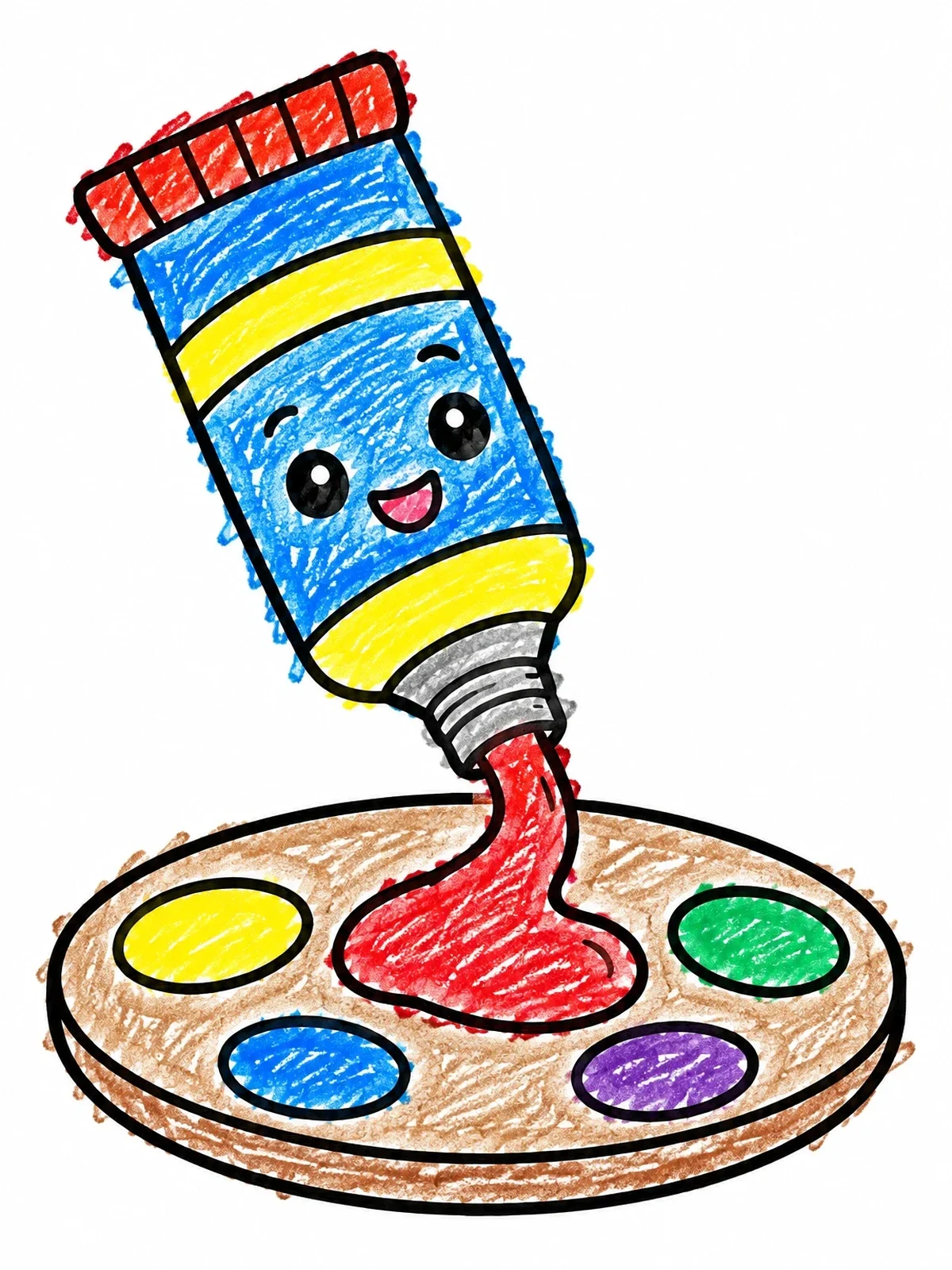 Colored example of the Cute Paint Tube Squeezing Onto Palette coloring page