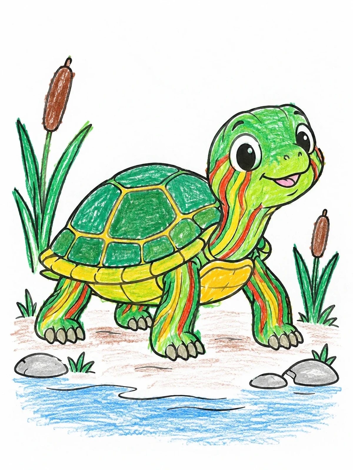 Colored example of the Cute Painted Turtle By Cattails coloring page