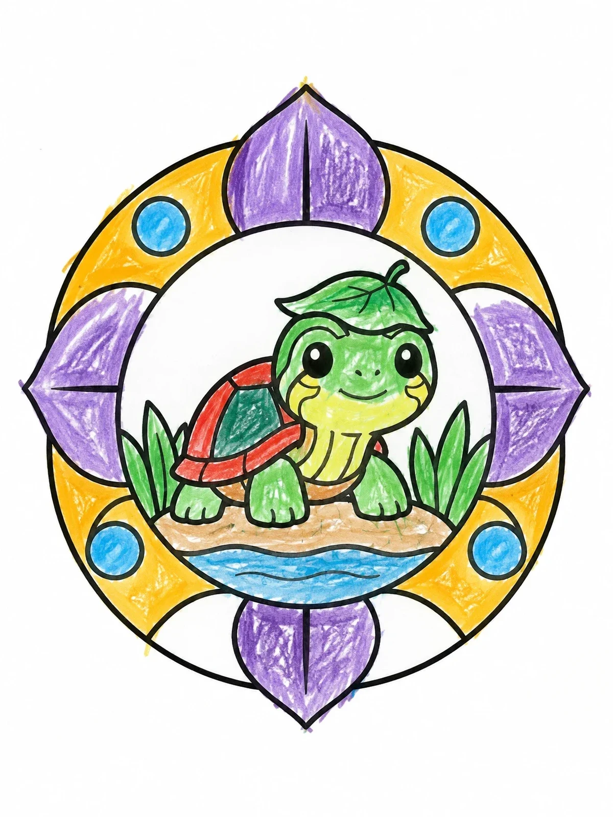 Colored example of the Cute Painted Turtle With Leaf Hat coloring page
