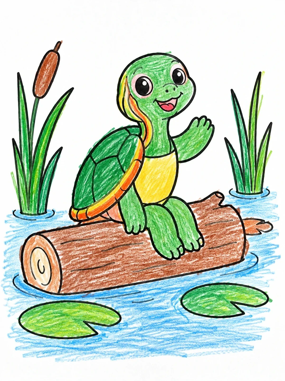 Colored example of the Cute Painted Turtle On A Log coloring page