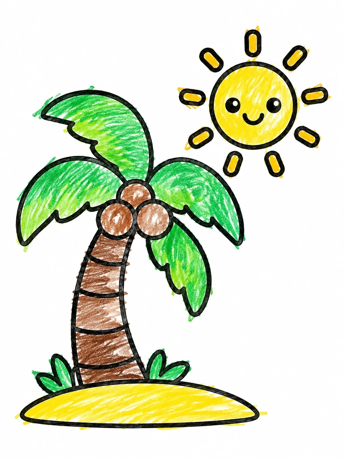 Colored example of the Cute Palm Tree And Smiling Sun coloring page