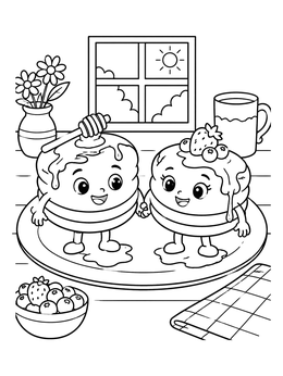 Free printable Cute Pancake Friends On A Plate coloring page