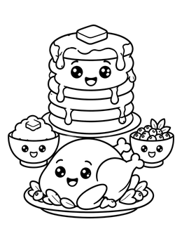 A cute food coloring page with smiling pancakes, roast chicken, and tasty side dishes.