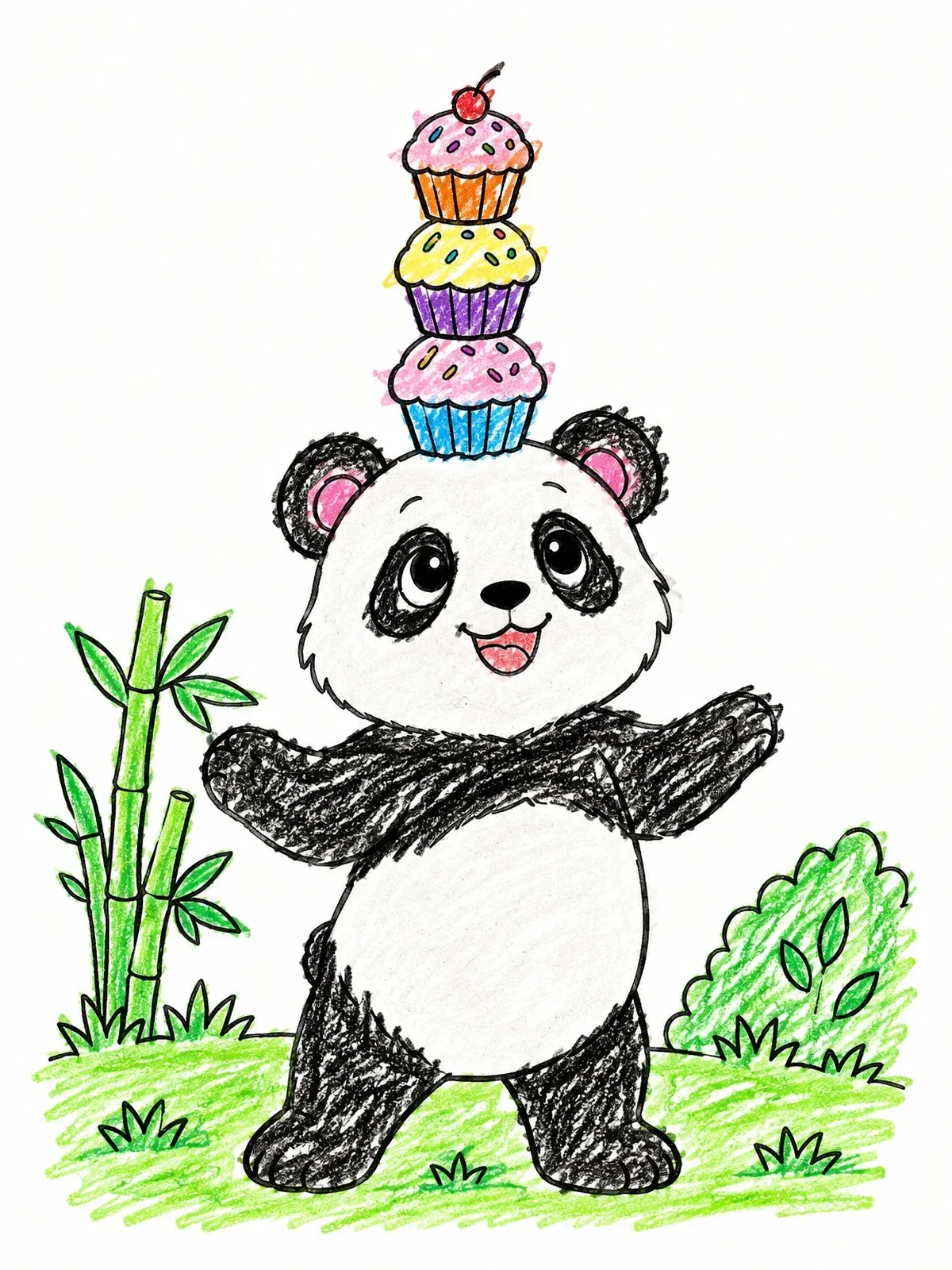 Colored example of the Cute Panda Balancing Cupcakes coloring page