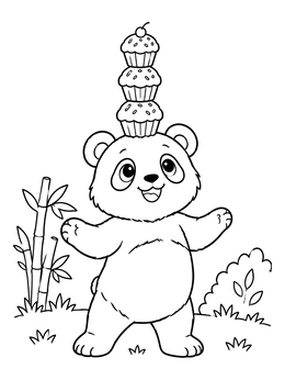 A cheerful panda balancing three cupcakes on its head in a fun panda coloring page.