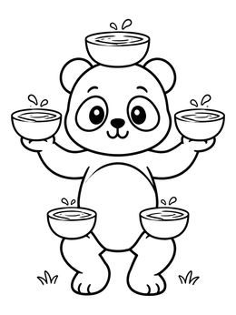 A panda coloring page with a cute bear balancing water bowls on its head, hands, and knees.