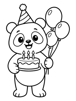 A cheerful panda coloring page featuring a bear holding a cake and balloons.