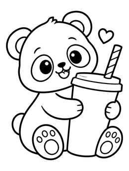 A cheerful baby panda holds a big takeaway cup on this cute coffee coloring page.