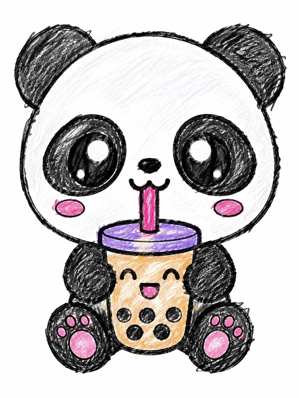 Colored example of the Cute Panda Drinking Boba Tea coloring page