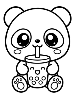 A cheerful baby panda coloring page showing the bear happily sipping boba tea with a straw.