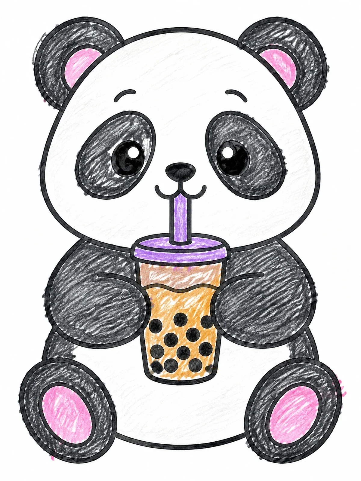 Colored example of the Cute Panda Drinking Boba Tea coloring page