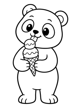 A cute panda coloring page showing a baby bear licking an ice cream cone.