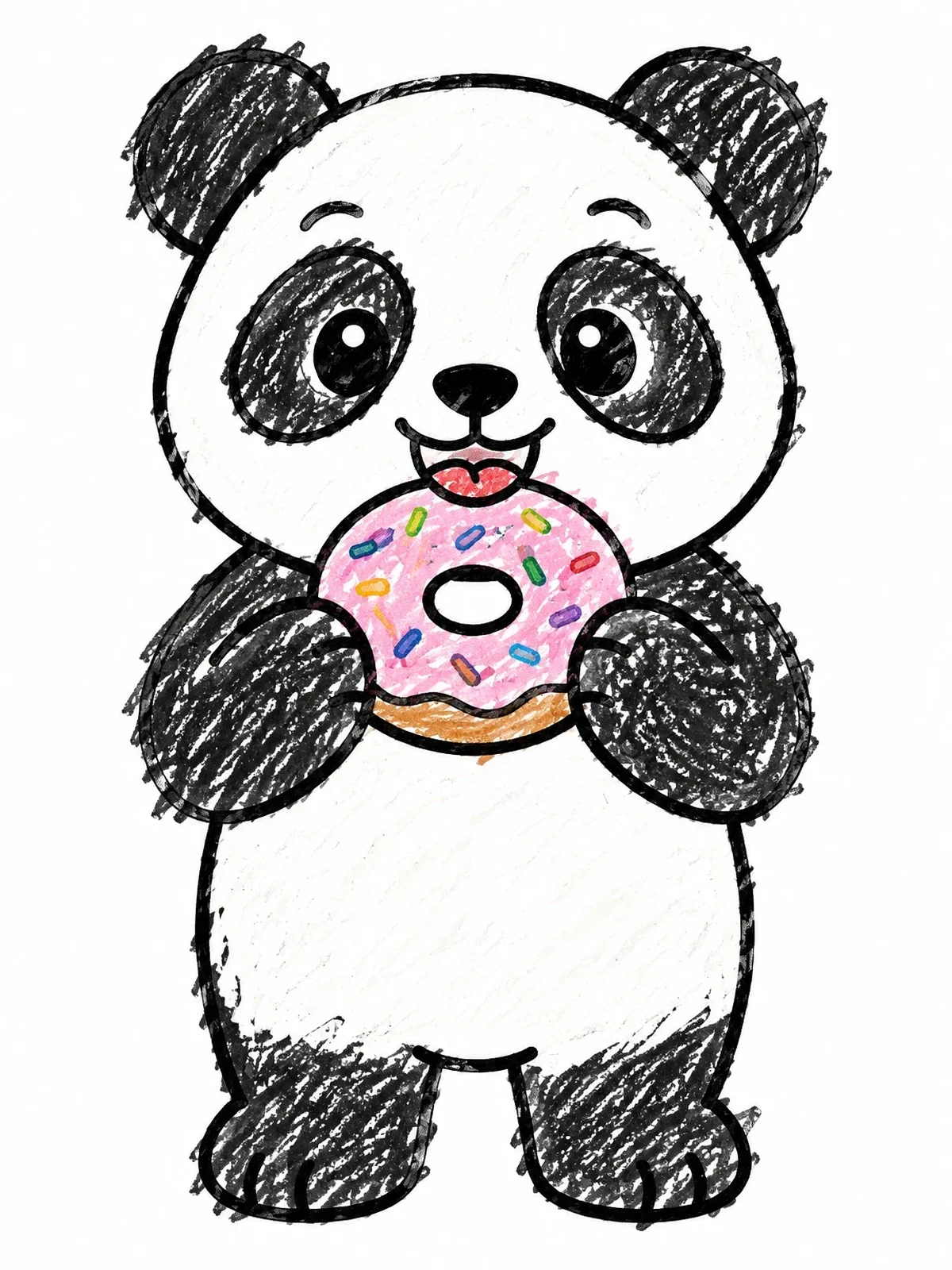 Colored example of the Cute Panda Eating A Sprinkled Donut coloring page