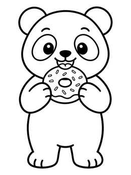 A cheerful panda coloring page featuring a cute bear holding and eating a glazed donut with sprinkles.