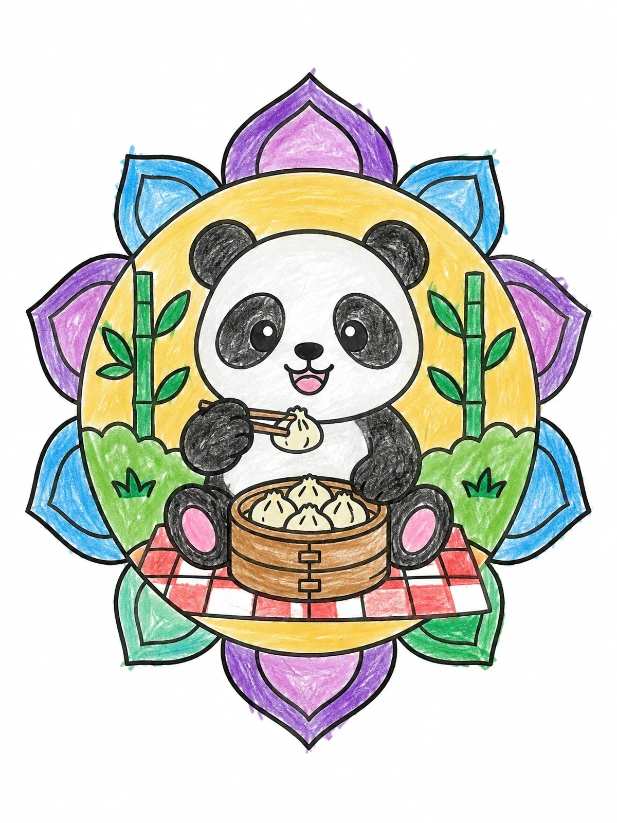 Colored example of the Cute Panda Eating Steamed Dumplings coloring page