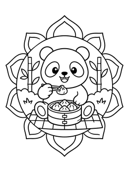 A panda coloring page showing a happy bear eating dumplings with chopsticks.