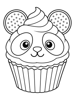 A cute panda cupcake coloring page decorated with cookie ears and swirl frosting.
