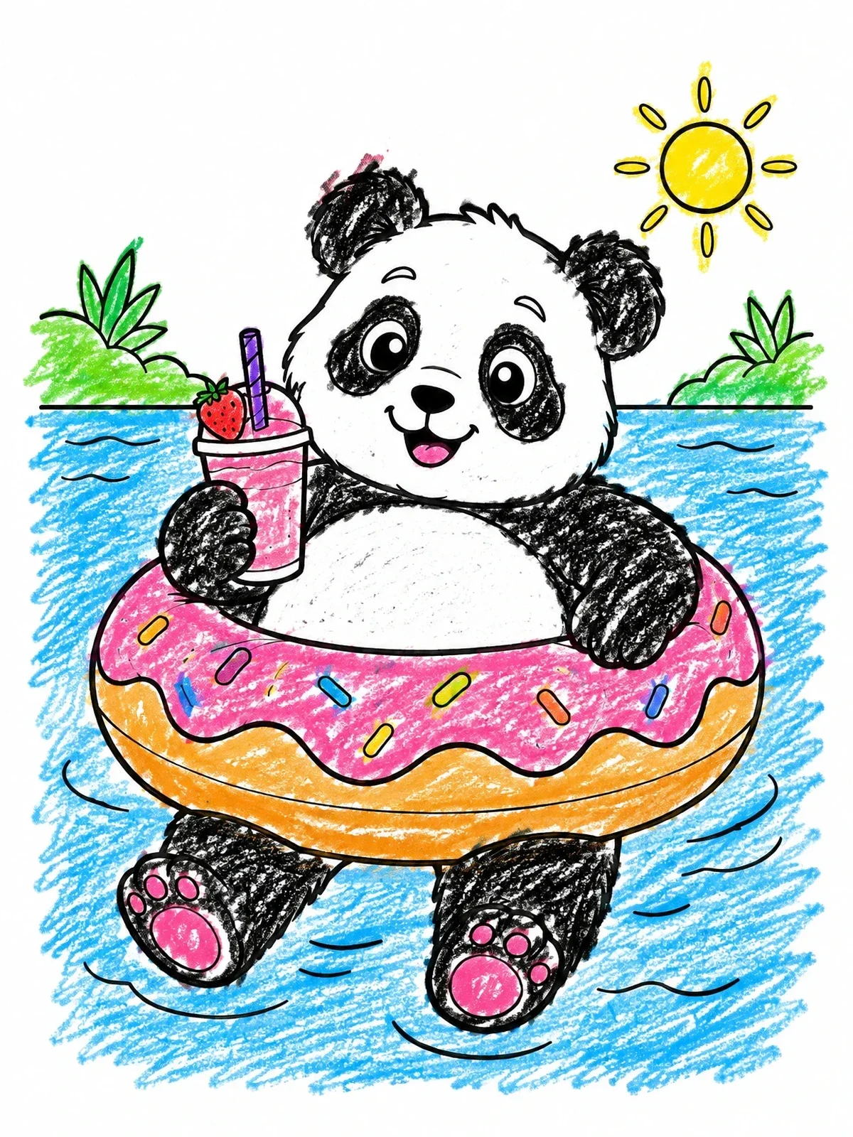 Colored example of the Cute Panda Floating On A Donut Tube coloring page