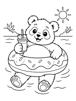 A cheerful panda coloring page showing a bear floating in a donut swim ring with a fruit drink.