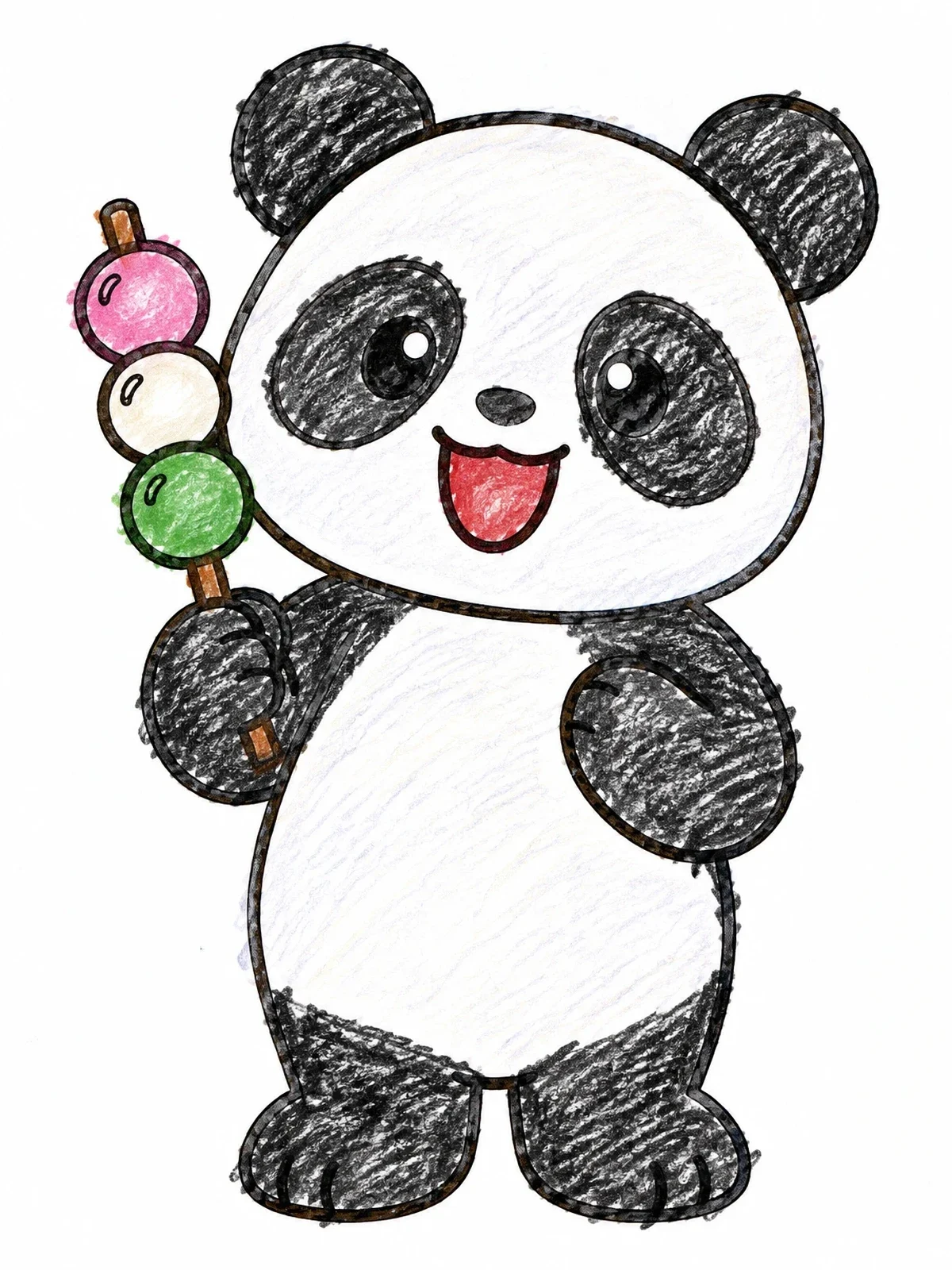 Colored example of the Cute Panda Holding Dango Skewer coloring page