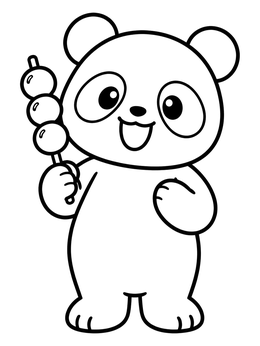 A cheerful cartoon panda coloring page holding a delicious skewer of sweet rice dumplings.