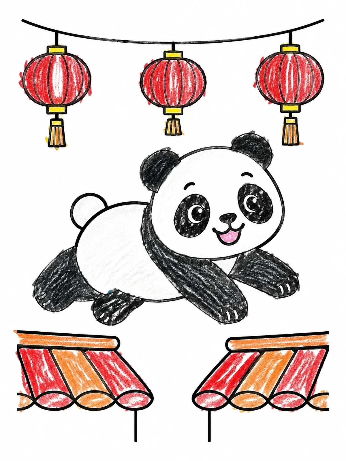 Colored example of the Cute Panda Leaping Over Rooftops coloring page