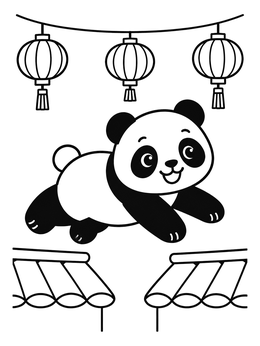 A playful panda coloring page showing a cub leaping over rooftops beneath lanterns.